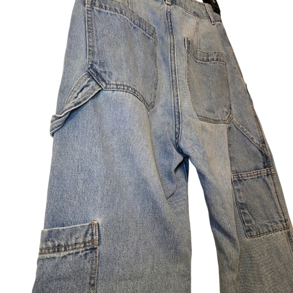 H&M Cargo Jeans Denim Blue Acid Wash Wide Leg High Rise Waisted Pockets y2k sz 4 - Picture 6 of 8
